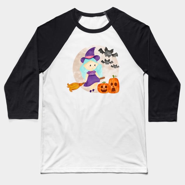 Halloween Cute Witch Baseball T-Shirt by MutchiDesign